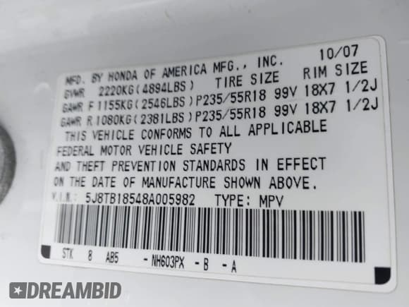 ✅ 2008 Acura RDX Technology • VIN: 5J8TB18548A005982 • Lot: 42671726. Wystawiony na IAAI z przebiegiem 246 932 mil. Bezpłatny archiwum sprzedaży aukcyjnych z USA i szczegółowy raport historii pojazdu na DreamBid. Zdjęcie 9.