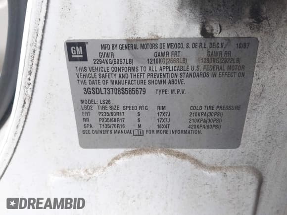 ✅ 2008 Saturn VUE XR • VIN: 3GSDL73708S585679 • Lot: 43440269. Listed on IAAI with 220,164 mi. Free auction sales archive from the USA and detailed vehicle history report at DreamBid. Image 9.