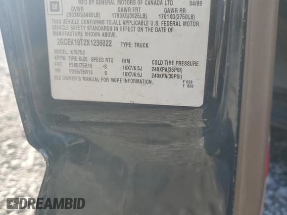 ✅ 1999 Chevrolet Silverado 1500 • VIN: 2CGEK19T4X1248205 • Лот: 68796144. Опубликован ранее на Copart с пробегом Не указан. Бесплатный доступ к архиву аукционных продаж из США и подробный отчёт об истории автомобиля на DreamBid. Изображение 12.