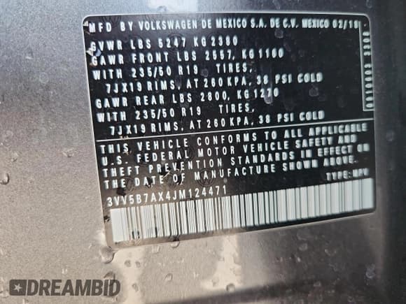 ✅ 2018 Volkswagen Tiguan SEL Premium • VIN: 3VV5B7AX4JM124471 • Lot: 81095975. Listed on Copart with 40,523 mi. Free auction sales archive from the USA and detailed vehicle history report at DreamBid. Image 13.