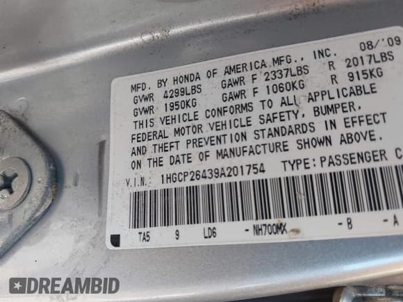 ✅ 2009 Honda Accord LX-P • VIN: 1HGCP26439A201754 • Lot: 43612575. Listed on IAAI with 286,310 mi. Free auction sales archive from the USA and detailed vehicle history report at DreamBid. Image 9.