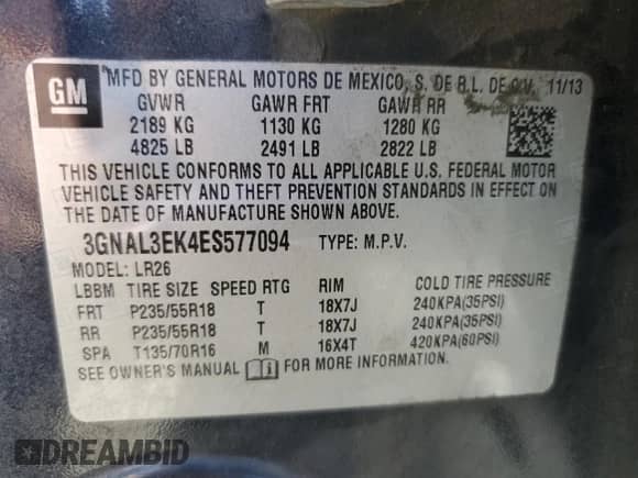 2014 Chevrolet Captiva Sport LT с VIN 3GNAL3EK4ES577094, выставлен на аукционе Copart как лот 65253684 с пробегом 134 646 миль миль и Чистый • Clean title. История ставок и продаж доступна на DreamBid. Изображение 12.