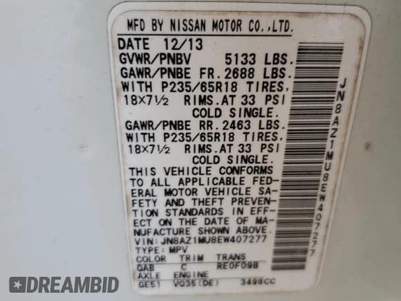 ✅ 2014 Nissan Murano S • VIN: JN8AZ1MU8EW407277 • Lot: 91257335. Wystawiony na Copart z przebiegiem 78 360 mil. Bezpłatny archiwum sprzedaży aukcyjnych z USA i szczegółowy raport historii pojazdu na DreamBid. Zdjęcie 13.