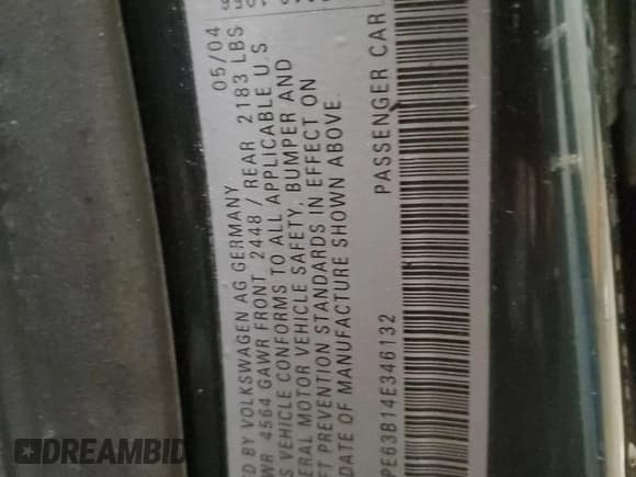 ✅ 2004 Volkswagen Passat GLS • VIN: WVWPE63B14E346132 • Lot: 87156354. Wystawiony na Copart z przebiegiem 70 719 mil. Bezpłatny archiwum sprzedaży aukcyjnych z USA i szczegółowy raport historii pojazdu na DreamBid. Zdjęcie 14.