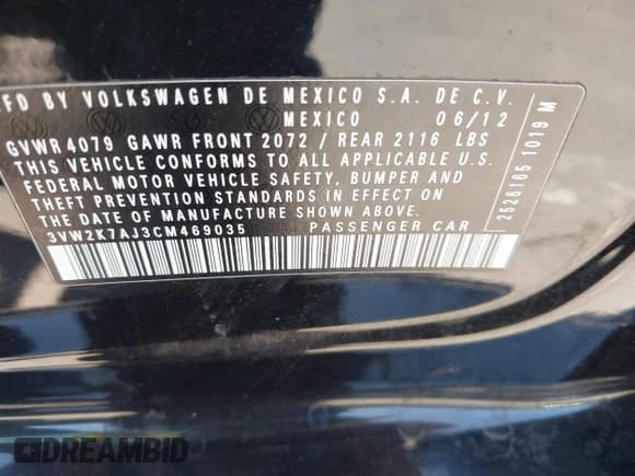 ✅ 2012 Volkswagen Jetta S • VIN: 3VW2K7AJ3CM469035 • Lot: 42631129. Listed on IAAI with 208,768 mi. Free auction sales archive from the USA and detailed vehicle history report at DreamBid. Image 9.