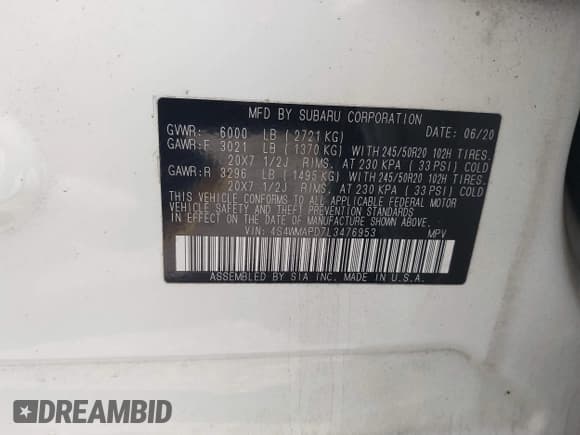 ✅ 2020 Subaru Ascent Limited • VIN: 4S4WMAPD7L3476953 • Lot: 42080838. Listed on IAAI with 49,735 mi. Free auction sales archive from the USA and detailed vehicle history report at DreamBid. Image 9.