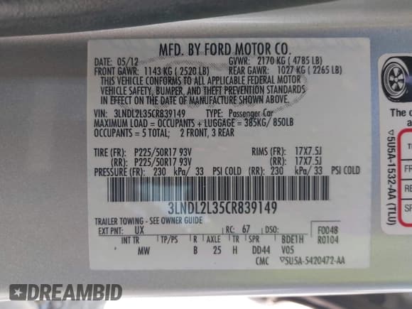 ✅ 2012 Lincoln MKZ Hybrid • VIN: 3LNDL2L35CR839149 • Lot: 43624693. Listed on IAAI with 65,512 mi. Free auction sales archive from the USA and detailed vehicle history report at DreamBid. Image 9.