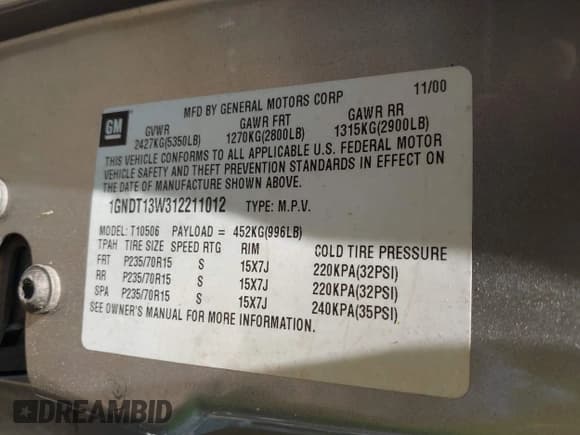 ✅ 2001 Chevrolet Blazer LT • VIN: 1GNDT13W312211012 • Lot: 41905993. Wystawiony na IAAI z przebiegiem 148 593 mil. Bezpłatny archiwum sprzedaży aukcyjnych z USA i szczegółowy raport historii pojazdu na DreamBid. Zdjęcie 9.