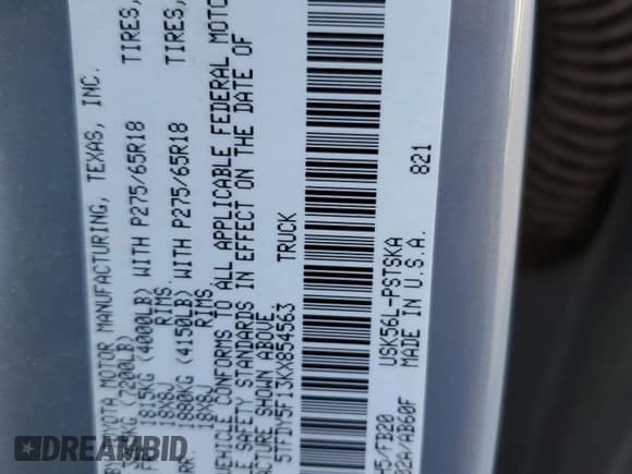 ✅ 2019 Toyota Tundra SR5 • VIN: 5TFDY5F13KX854563 • Lot: 90518715. Wystawiony na Copart z przebiegiem 67 985 mil. Bezpłatny archiwum sprzedaży aukcyjnych z USA i szczegółowy raport historii pojazdu na DreamBid. Zdjęcie 12.