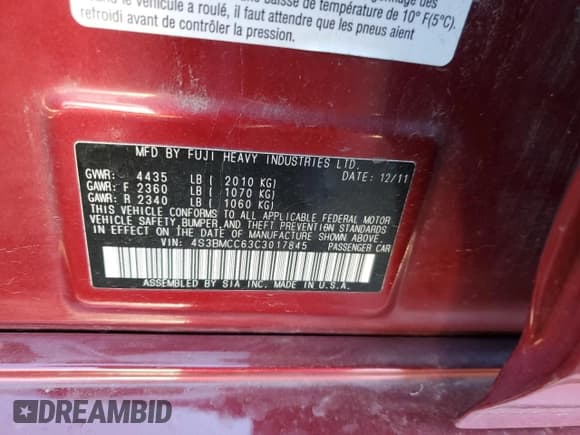 ✅ 2012 Subaru Legacy Premium • VIN: 4S3BMCC63C3017845 • Lot: 92462815. Listed on Copart with 129,182 mi. Free auction sales archive from the USA and detailed vehicle history report at DreamBid. Image 12.