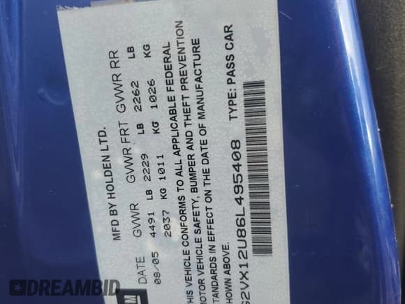 ✅ 2006 Pontiac GTO • VIN: 6G2VX12U86L495408 • Lot: 83582564. Listed on Copart with Not provided. Free auction sales archive from the USA and detailed vehicle history report at DreamBid. Image 13.