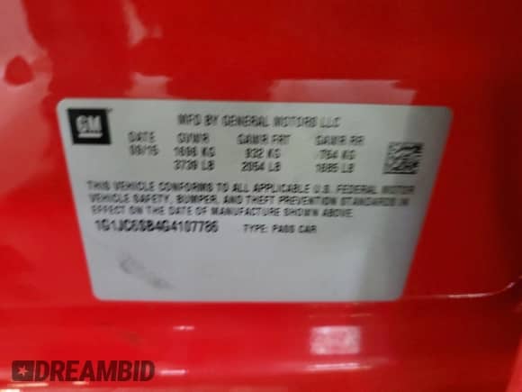 2016 Chevrolet Sonic LT with VIN 1G1JC6SB4G4107786, listed as a Copart auction lot 70278344 with 256,218 mi miles and Clean title. Bid and sale history available at DreamBid. Image 12.