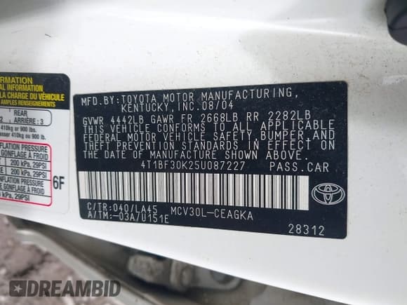 ✅ 2005 Toyota Camry XLE • VIN: 4T1BF30K25U087227 • Лот: 43298007. Опубликован ранее на IAAI с пробегом 153 475 миль. Бесплатный доступ к архиву аукционных продаж из США и подробный отчёт об истории автомобиля на DreamBid. Изображение 9.