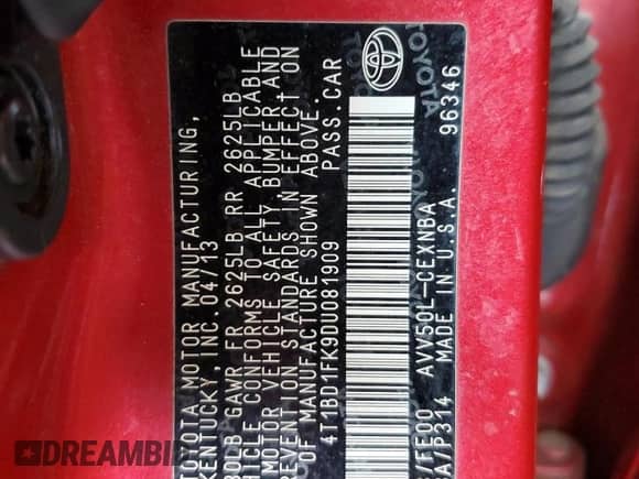 2013 Toyota Camry XLE с VIN 4T1BD1FK9DU081909, выставлен на аукционе Copart как лот 82172285 с пробегом 109 712 миль миль и Списание • Salvage title. История ставок и продаж доступна на DreamBid. Изображение 13.