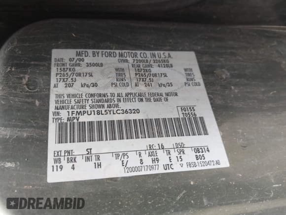 ✅ 2000 Ford Expedition Eddie Bauer • VIN: 1FMPU18L5YLC36320 • Lot: 42355865. Listed on IAAI with 221,787 mi. Free auction sales archive from the USA and detailed vehicle history report at DreamBid. Image 9.