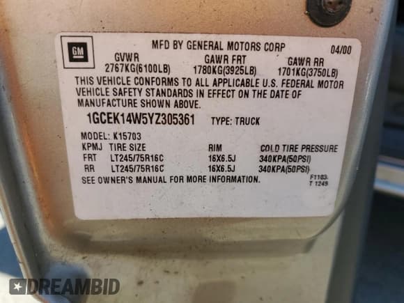 ✅ 2000 Chevrolet Silverado 1500 • VIN: 1GCEK14W5YZ305361 • Lot: 63910894. Listed on Copart with Not provided. Free auction sales archive from the USA and detailed vehicle history report at DreamBid. Image 12.