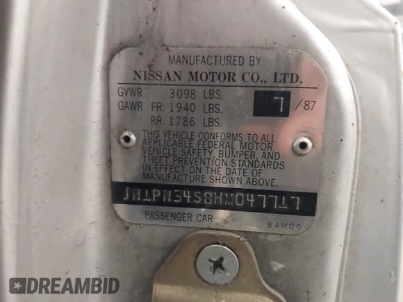 ✅ 1987 Nissan Pulsar • VIN: JN1PN34S8HM047717 • Lot: 42370479. Wystawiony na IAAI z przebiegiem 149 282 mil. Bezpłatny archiwum sprzedaży aukcyjnych z USA i szczegółowy raport historii pojazdu na DreamBid. Zdjęcie 9.