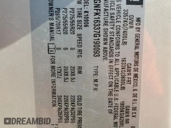 ✅ 2007 Chevrolet Suburban LTZ • VIN: 3GNFK16337G190093 • Lot: 68565854. Wystawiony na Copart z przebiegiem 173 714 mil. Bezpłatny archiwum sprzedaży aukcyjnych z USA i szczegółowy raport historii pojazdu na DreamBid. Zdjęcie 16.