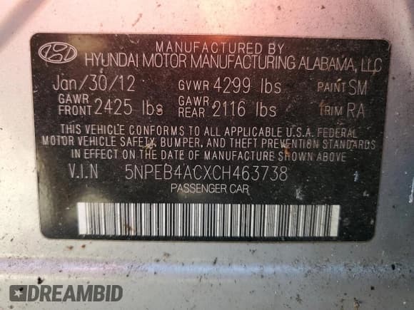 ✅ 2012 Hyundai Sonata GLS • VIN: 5NPEB4ACXCH463738 • Lot: 75611994. Listed on Copart with 163,746 mi. Free auction sales archive from the USA and detailed vehicle history report at DreamBid. Image 13.