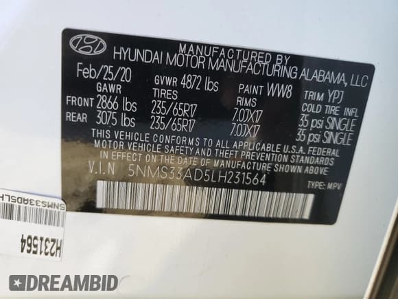 ✅ 2020 Hyundai Santa Fe SEL • VIN: 5NMS33AD5LH231564 • Lot: 43957684. Wystawiony na Copart z przebiegiem 55 651 mil. Bezpłatny archiwum sprzedaży aukcyjnych z USA i szczegółowy raport historii pojazdu na DreamBid. Zdjęcie 14.