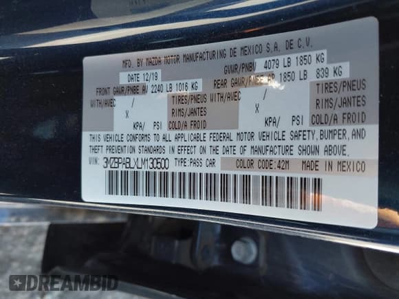 ✅ 2020 Mazda 3 • VIN: 3MZBPABLXLM130500 • Лот: 43493533. Опубликован ранее на IAAI с пробегом 67 727 миль. Бесплатный доступ к архиву аукционных продаж из США и подробный отчёт об истории автомобиля на DreamBid. Изображение 9.