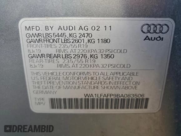 ✅ 2011 Audi Q5 Premium Plus • VIN: WA1LFAFP9BA083506 • Lot: 96318255. Listed on Copart with 129,745 mi. Free auction sales archive from the USA and detailed vehicle history report at DreamBid. Image 13.