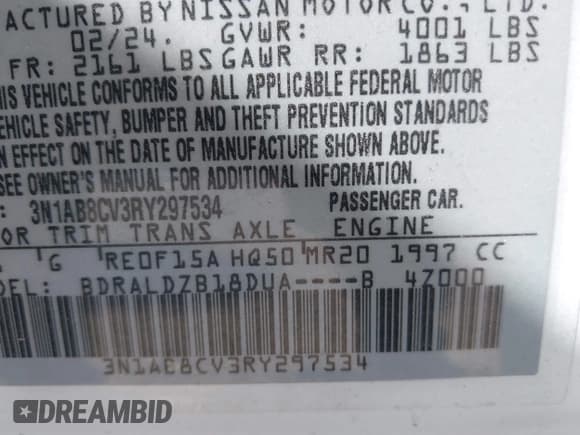 ✅ 2024 Nissan Sentra SV • VIN: 3N1AB8CV3RY297534 • Lot: 43816175. Wystawiony na IAAI z przebiegiem 32 927 mil. Bezpłatny archiwum sprzedaży aukcyjnych z USA i szczegółowy raport historii pojazdu na DreamBid. Zdjęcie 9.