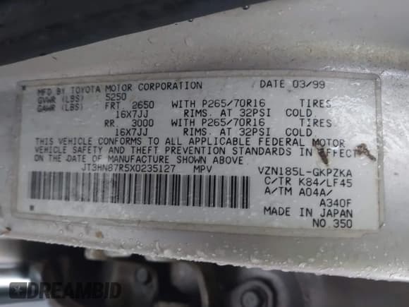 ✅ 1999 Toyota 4Runner Limited • VIN: JT3HN87R5X0235127 • Лот: 41552429. Опубликован ранее на IAAI с пробегом 181 435 миль. Бесплатный доступ к архиву аукционных продаж из США и подробный отчёт об истории автомобиля на DreamBid. Изображение 9.