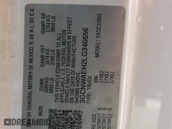 ✅ 2020 Chevrolet Silverado 1500 Work Truck • VIN: 3GCNWAEH2LG346656 • Lot: 60455334. Wystawiony na Copart z przebiegiem 113 499 mil. Bezpłatny archiwum sprzedaży aukcyjnych z USA i szczegółowy raport historii pojazdu na DreamBid. Zdjęcie 13.