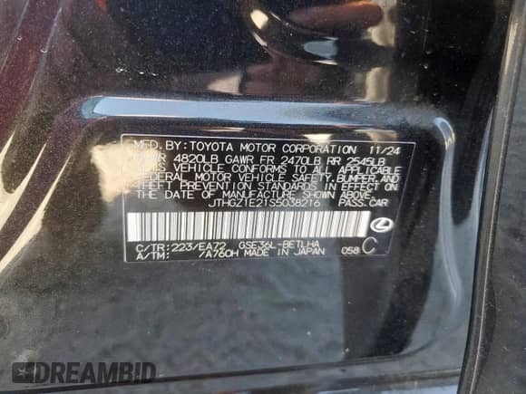 2025 Lexus IS 350 F Sport with VIN JTHGZ1E21S5038216, listed as a Copart auction lot 86664885 with 4,705 mi miles and Salvage title. Bid and sale history available at DreamBid. Image 13.