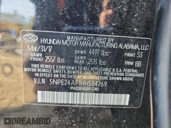 ✅ 2017 Hyundai Sonata 2.4L • VIN: 5NPE24AF1HH584269 • Lot: 90607015. Listed on Copart with 63,598 mi. Free auction sales archive from the USA and detailed vehicle history report at DreamBid. Image 12.