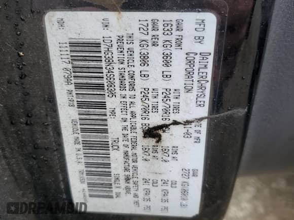 2004 Dodge Dakota Sport с VIN 1D7HG38N34S608305, выставлен на аукционе Copart как лот 42797005 с пробегом 195 473 миль миль и Чистый • Clean title. История ставок и продаж доступна на DreamBid. Изображение 12.