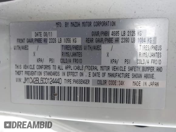 ✅ 2012 Mazda 5 Sport • VIN: JM1CW2BL6C0124440 • Lot: 41378536. Listed on IAAI with 157,262 mi. Free auction sales archive from the USA and detailed vehicle history report at DreamBid. Image 9.