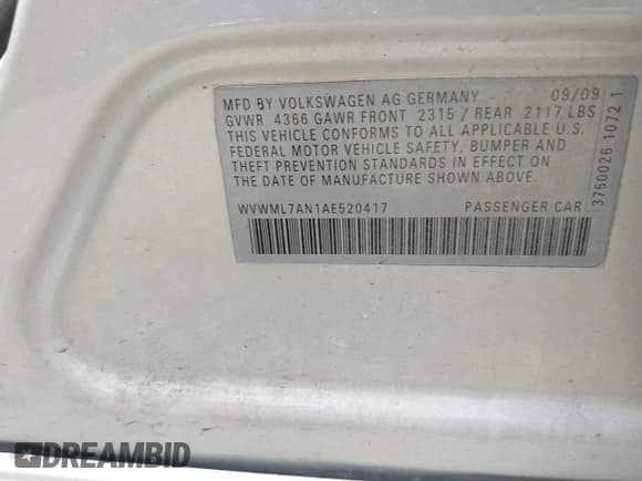 ✅ 2010 Volkswagen CC Sport • VIN: WVWML7AN1AE520417 • Lot: 42766834. Listed on IAAI with 169,520 mi. Free auction sales archive from the USA and detailed vehicle history report at DreamBid. Image 9.