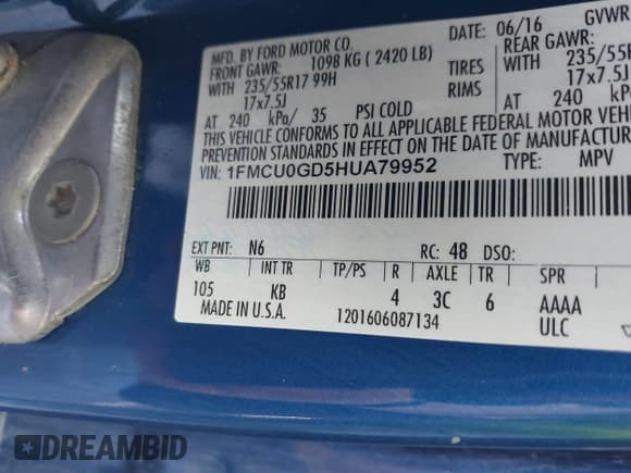 ✅ 2017 Ford Escape SE • VIN: 1FMCU0GD5HUA79952 • Лот: 41914512. Опубликован ранее на IAAI с пробегом 123 739 миль. Бесплатный доступ к архиву аукционных продаж из США и подробный отчёт об истории автомобиля на DreamBid. Изображение 9.