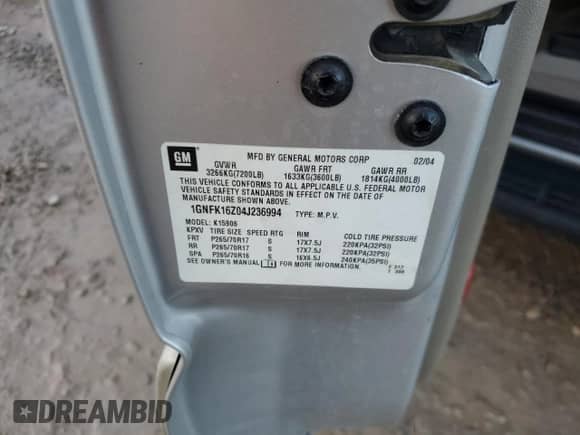 2004 Chevrolet Suburban LT с VIN 1GNFK16Z04J236994, выставлен на аукционе Copart как лот 82909954 с пробегом 198 425 миль миль и Списание • Salvage title. История ставок и продаж доступна на DreamBid. Изображение 13.