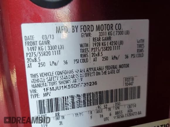 ✅ 2013 Ford Expedition Limited • VIN: 1FMJU1K55DEF38236 • Лот: 91305655. Опубликован ранее на Copart с пробегом 147 699 миль. Бесплатный доступ к архиву аукционных продаж из США и подробный отчёт об истории автомобиля на DreamBid. Изображение 13.