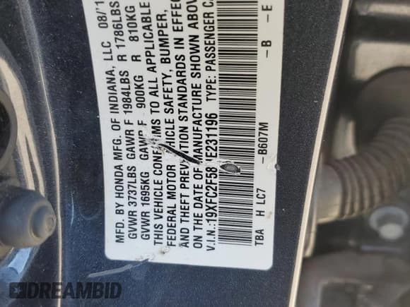 ✅ 2017 Honda Civic LX • VIN: 19XFC2F58HE231196 • Lot: 82138745. Wystawiony na Copart z przebiegiem 134 865 mil. Bezpłatny archiwum sprzedaży aukcyjnych z USA i szczegółowy raport historii pojazdu na DreamBid. Zdjęcie 13.