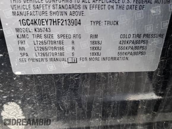 2017 Chevrolet Silverado 3500HD LTZ with VIN 1GC4K0EY7HF213904, listed as a Copart auction lot 83911964 with 121,143 mi miles and Salvage title. Bid and sale history available at DreamBid. Image 13.