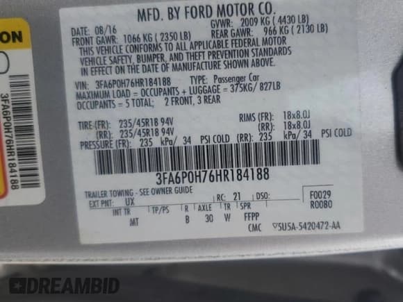 ✅ 2017 Ford Fusion SE • VIN: 3FA6P0H76HR184188 • Lot: 60719075. Listed on Copart with 105,377 mi. Free auction sales archive from the USA and detailed vehicle history report at DreamBid. Image 12.