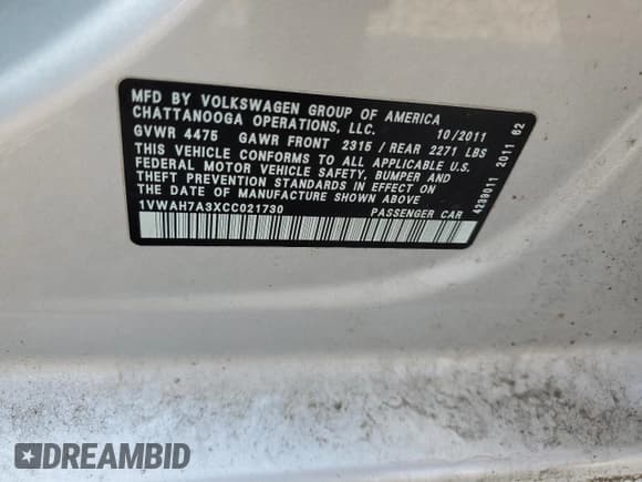 ✅ 2012 Volkswagen Passat S • VIN: 1VWAH7A3XCC021730 • Лот: 54846875. Опубликован ранее на Copart с пробегом 168 762 миль. Бесплатный доступ к архиву аукционных продаж из США и подробный отчёт об истории автомобиля на DreamBid. Изображение 12.