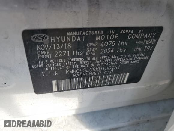 ✅ 2019 Hyundai Ioniq Limited • VIN: KMHC85LC9KU130181 • Lot: 80008155. Listed on Copart with 62,366 mi. Free auction sales archive from the USA and detailed vehicle history report at DreamBid. Image 12.