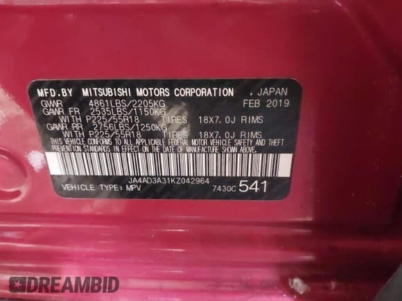 ✅ 2019 Mitsubishi Outlander SE • VIN: JA4AD3A31KZ042964 • Lot: 39955336. Listed on IAAI with 89,497 mi. Free auction sales archive from the USA and detailed vehicle history report at DreamBid. Image 9.