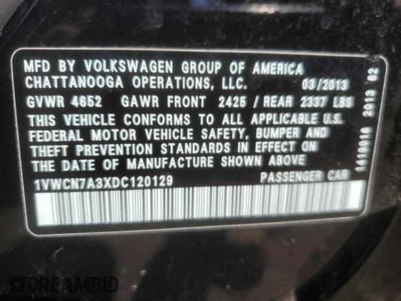 ✅ 2013 Volkswagen Passat SEL Premium • VIN: 1VWCN7A3XDC120129 • Lot: 70227155. Listed on Copart with 95,649 mi. Free auction sales archive from the USA and detailed vehicle history report at DreamBid. Image 12.