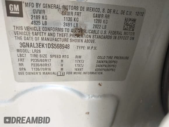 ✅ 2013 Chevrolet Captiva Sport LT • VIN: 3GNAL3EK1DS568948 • Lot: 42501040. Wystawiony na IAAI z przebiegiem 165 721 mil. Bezpłatny archiwum sprzedaży aukcyjnych z USA i szczegółowy raport historii pojazdu na DreamBid. Zdjęcie 9.