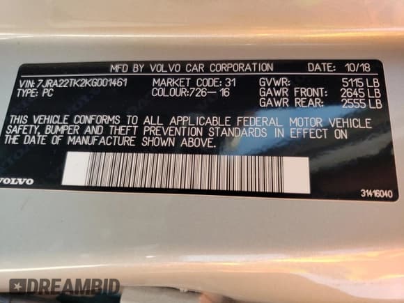 ✅ 2019 Volvo S60 Momentum • VIN: 7JRA22TK2KG001461 • Лот: 42370613. Опубликован ранее на Copart с пробегом 23 534 миль. Бесплатный доступ к архиву аукционных продаж из США и подробный отчёт об истории автомобиля на DreamBid. Изображение 14.