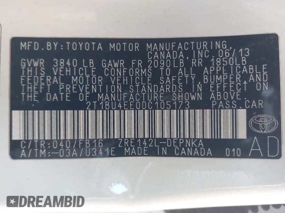 ✅ 2013 Toyota Corolla LE • VIN: 2T1BU4EE0DC105173 • Lot: 43710124. Listed on IAAI with 97,087 mi. Free auction sales archive from the USA and detailed vehicle history report at DreamBid. Image 9.