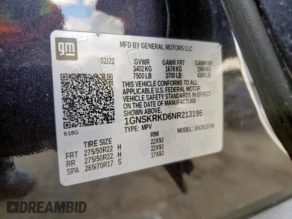 2022 Chevrolet Tahoe RST with VIN 1GNSKRKD6NR213195, listed as a Copart auction lot 56063615 with 54,928 mi miles and Salvage title. Bid and sale history available at DreamBid. Image 14.