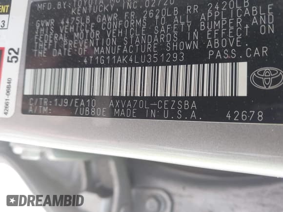 ✅ 2020 Toyota Camry SE • VIN: 4T1G11AK4LU351293 • Lot: 43426660. Listed on IAAI with 187,735 mi. Free auction sales archive from the USA and detailed vehicle history report at DreamBid. Image 9.