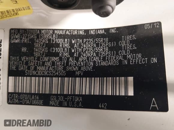 ✅ 2012 Toyota Sienna XLE AAS • VIN: 5TDYK3DC9CS254505 • Lot: 42705189. Listed on IAAI with 152,445 mi. Free auction sales archive from the USA and detailed vehicle history report at DreamBid. Image 9.